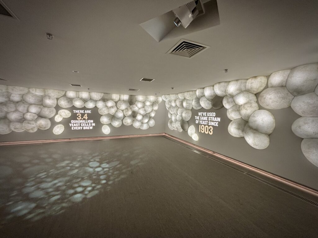 an empty room with illuminated "foam" on the walls. the two walls have text on them. One reads: there are 3.4 quadrillion yeast cells in every brew. The other says, we've used the same strain of yeast since 1903