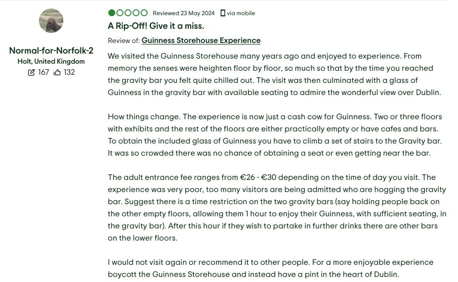 screenshot of a negative tripadvisor review